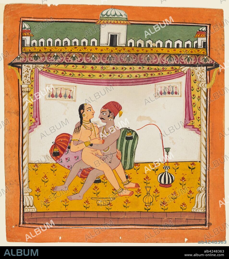 A couple seated against two pillows engaged in sex, from an erotic series,  c. 1700-10. India, Chamba style. Color on paper; page: 21.3 x 19.7 cm (8  3/8 x 7 3/4 in.). - Album alb4248363