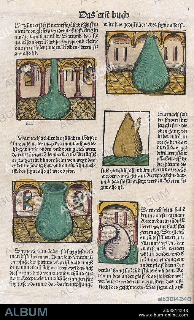 Various types of distillation and recirculation vessels: on the left side, top, a simple bulbous ampulla (bottle or flask), which stores distilled waters; and bottom, a large bulbous flask, possibly made of glass. On the right side, top, philosopher's egg made of glass, which can withstand the fire's heat; center, a closed receiver; and bottom, a gourd-shaped retort. Brunschwig's Liber de arte distillandi simplicia et composita (Little Book of Distillation) was one of the earliest books ever written concerning the subjects of chemistry and pharmacology. Printed in Strasbourg in 1512, it is a practical manual on chemical, alchemical, and distillation devices and techniques used to manufacture drug therapies. It includes instructions on how to distill aqua vitae, potable gold, artificial and natural balsams and how to use distillates to treat illnesses in surgical cases. The last of the 16th century herbals, this book is widely regarded to be an important link between the Middle Ages and modern times. Hieronymus Brunschwig (1450 - 1512), was a German physician, surgeon, chemist, and pharmacologist. He was notable for his early work on chemical techniques, as well as his methods of treatment of gunshot wounds. He died in 1512 at the age of 61 or 62.