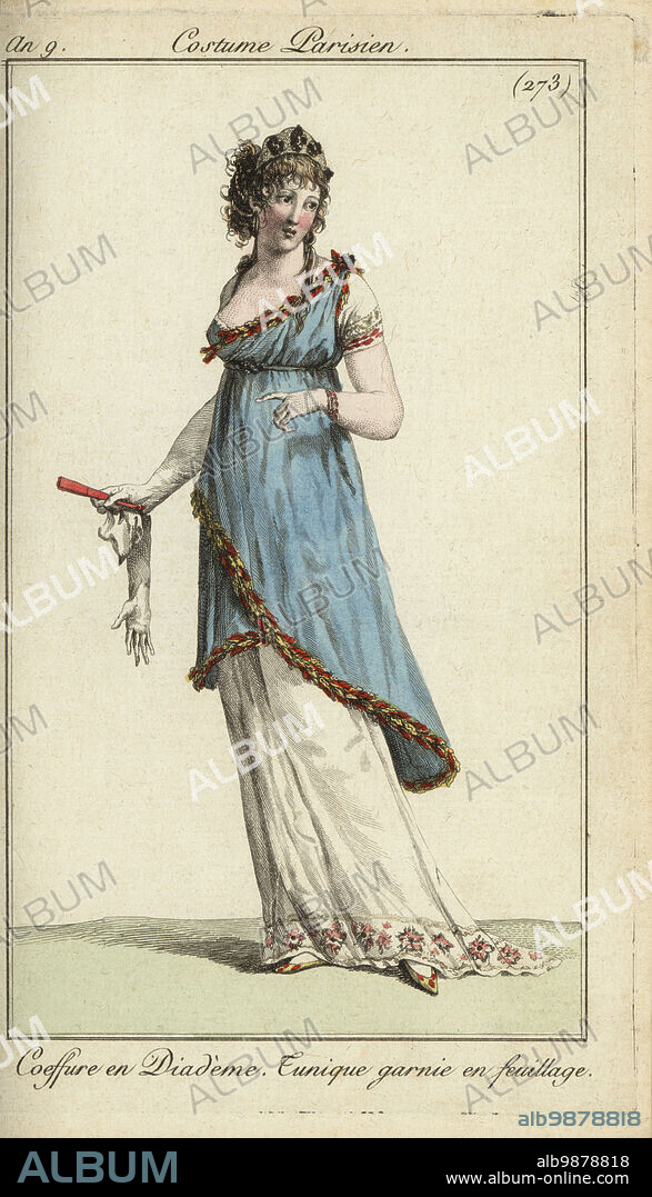 Fashionable woman or merveilleuse in luxurious outfit 1800. She