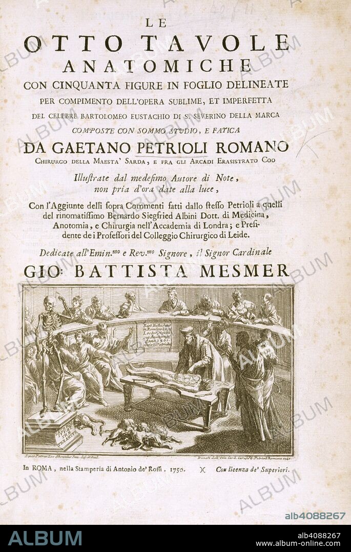 An anatomical dissection. Le Otto Tavole Anatomiche con cinquanta figure in. Roma, 1750. An anatomical dissection being performed.  Image taken from Le Otto Tavole Anatomiche con cinquanta figure in foglio delineate per compimento dell:opera del B. Eustachio; illustrate di note con l'aggiunte delli sopra commenti fatti dallo stesso Petriol:i a quelli del B. S. Albini.  Originally published/produced in Roma, 1750. . Source: 40.f.11(1), title page. Language: Italian.