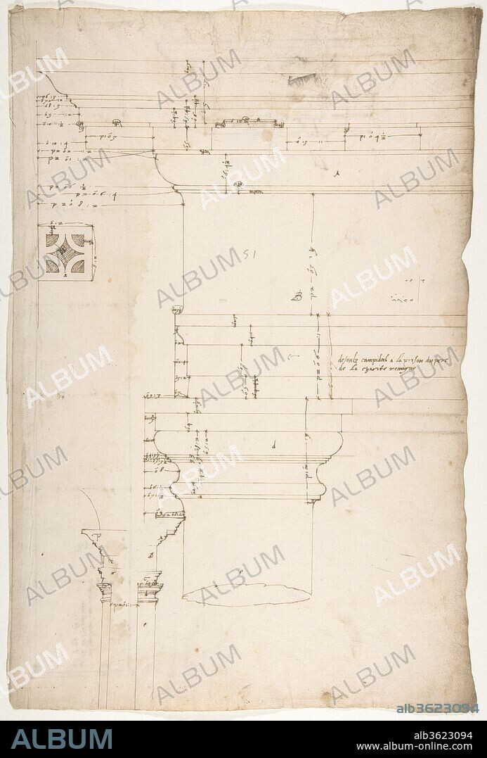 Portico at the Porta Carmentalis, Tuscan capital and entablature, elevation; pier, section, detail (recto) S. Prassede, Quadriportico, Doric capital, elevation; Palazzo Massimo alle Colonne, column shaft, profile (verso). Dimensions: sheet: 17 5/16 x 11 5/8 in. (44 x 29.5 cm). Draftsman: Drawn by Anonymous, French, 16th century. Series/Portfolio: Goldschmidt Scrapbook. Date: early to mid-16th century.