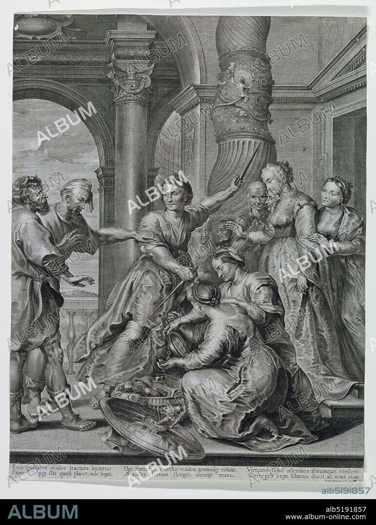 Achilles at the Court of Lycomedes, Nicolas Ryckermans, 1595 - 1650, Peter Paul Rubens, Flemish, 1577 - 1640, Engraving on paper, The bearded Achilles and an attendant examine the treasure offered by Queen Lycomedes, shown with her court ladies, one of whom brandishes a sword. Below, a six line Latin explanatory inscription., Netherlands, Antwerp, Netherlands, ca. 1650, Print, Print.