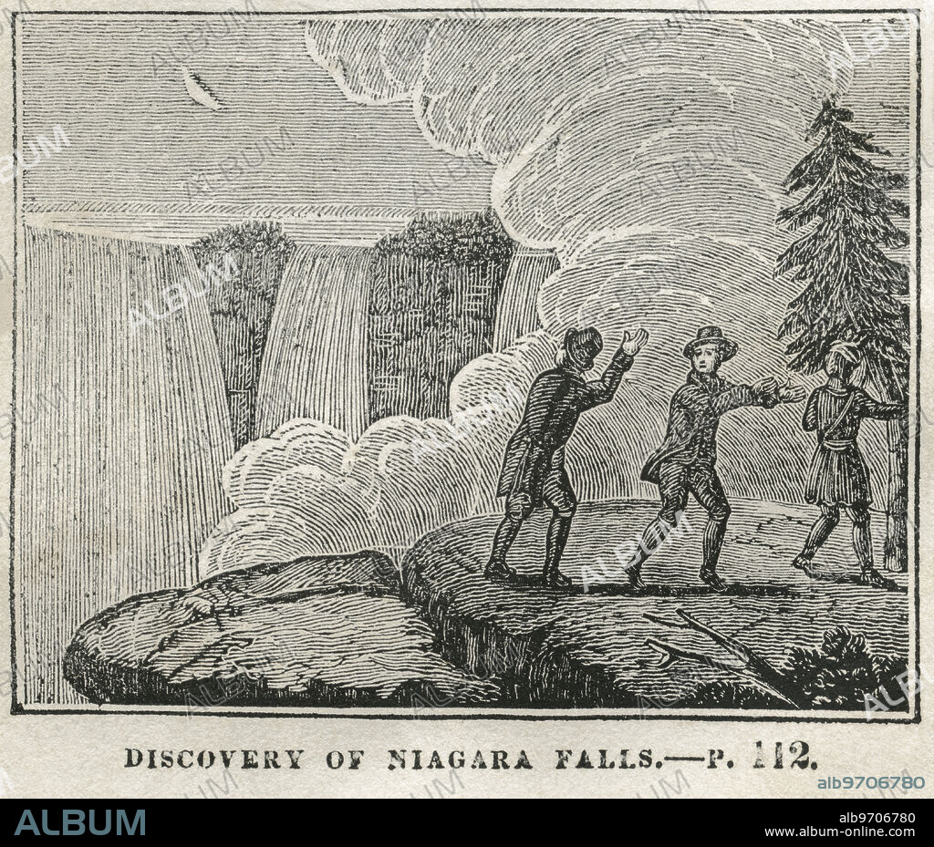 Discovery of Niagara Falls, Illustration from the Book, Historical Cabinet, L.H. Young Publisher, New Haven, 1834.