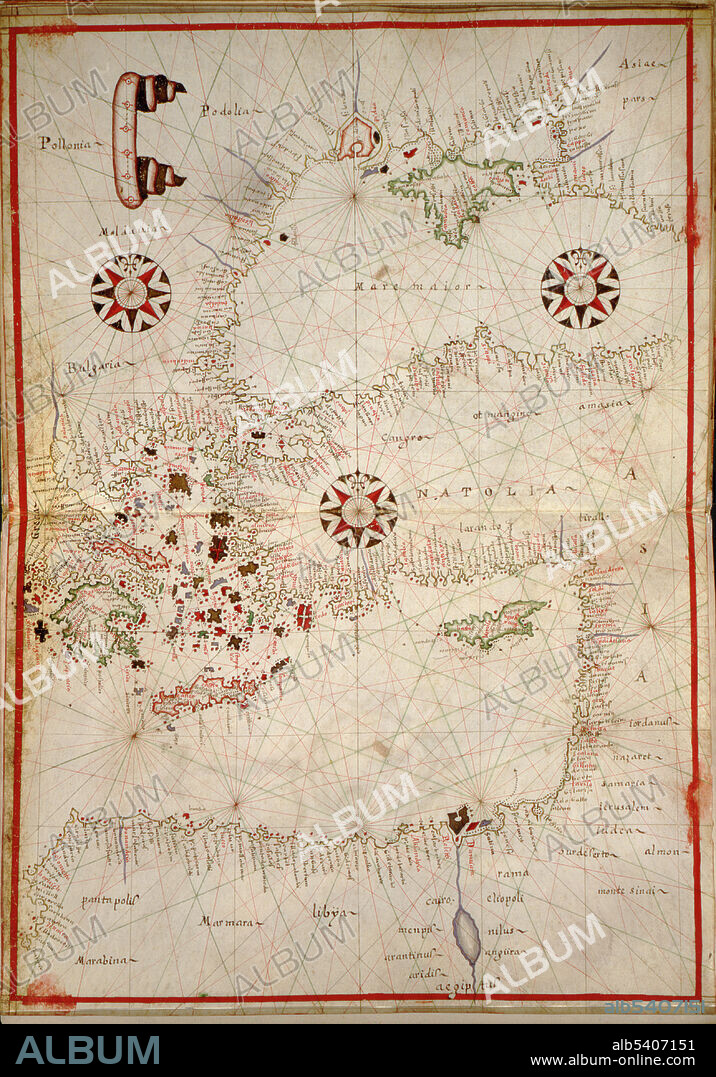 Portolan chart of the Eastern Mediterranean. Portolan charts are navigational maps based on compass directions and estimated distances observed by the pilots at sea. They were first made in the 13th century in Italy, and later in Spain and Portugal, with later 15th and 16th century charts noted for their cartographic accuracy. With the advent of widespread competition among seagoing nations during the Age of Discovery, Portugal and Spain considered such maps to be state secrets. The English and Dutch, relative newcomers, found the description of Atlantic and Indian coastlines extremely valuable for their raiding, and later trading, ships. Attributed to Joan Oliva active 1580-1615. Joan Oliva was the most prolific member of a large family of Catalan chart makers. Charts signed by at least sixteen members of the Oliva family are recorded, with dates between 1538 and 1673.