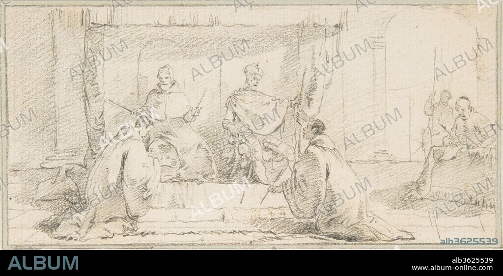 Illustration for a Book:  Two Monks Kneeling before a Doge and an Emperor (Doge Ziani and Emperor Barbarossa?). Artist: Giovanni Battista Tiepolo (Italian, Venice 1696-1770 Madrid). Dimensions: 3-1/16 x 6-1/4 in.  (7.8 x 15.8 cm). Series/Portfolio: See Metropolitan Museum of Art acc. nos. 59.600.176 - 59.600.212. Date: 1696-1770.