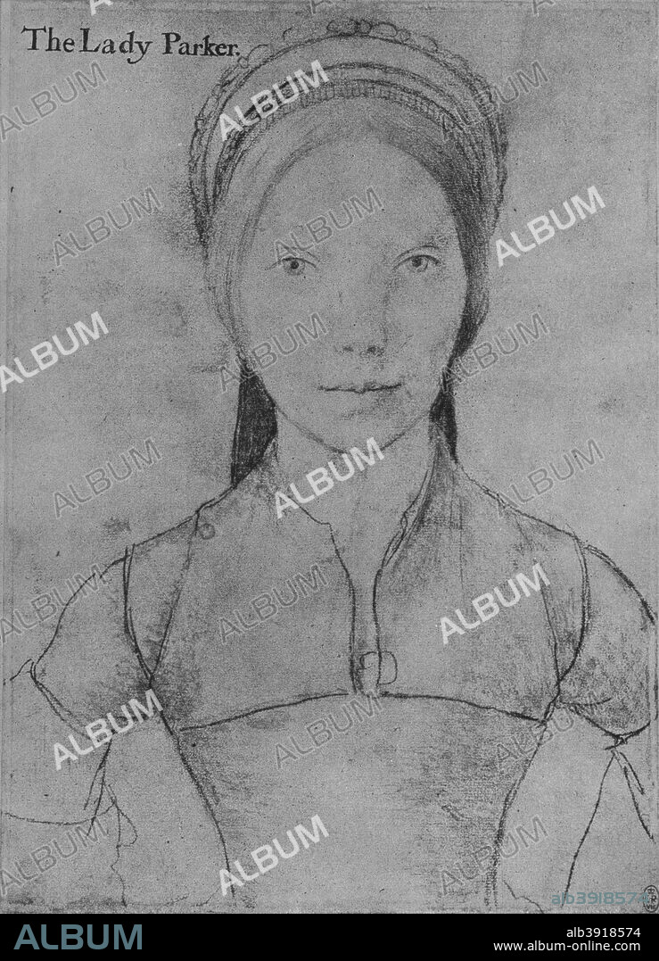 'Grace, Lady Parker', c1540-1543 (1945). Lady Grace Parker (born 1515) Lady Parker  was married to Sir Henry Parker in 1523 at the age of eight. The drawing is part of the Royal Collection Trust, Windsor Castle. From The Drawings of Holbein at Windsor Castle by K. T. Parker. [The Phaidon Press Ltd, Oxford & London, 1945].