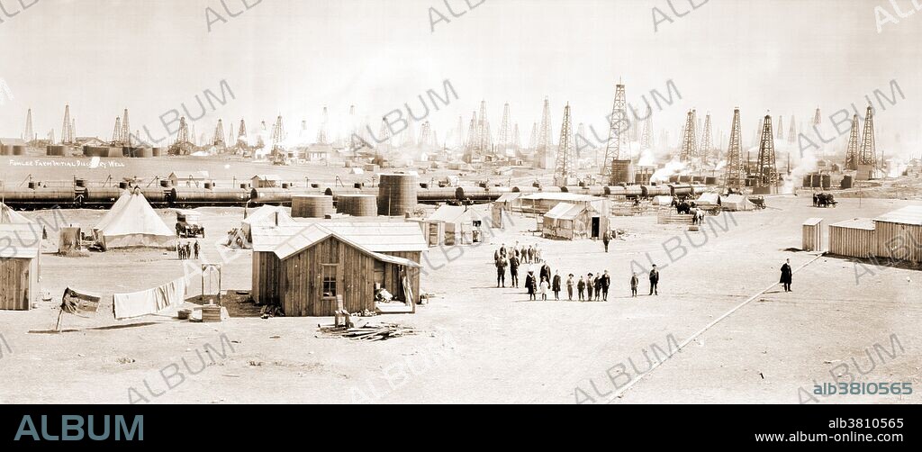 A panoramic view of the Burkburnett, Texas oil field. In 1912 oil was discovered west of the town, attracting thousands to the area. By 1918 approximately twenty-thousand people had settled around the oilfield. This view shows viewed the northwest side, opposite the Fowler farm, original discovery well and swinging towards the northwest. Photographed circa 1919.