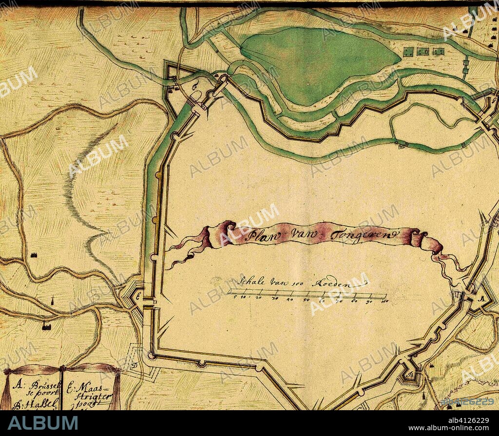 Plattegrond van Tongeren, ca. 1701-1715. Plan van Tongeren (title on object). Draughtsman: Samuel Du Ry de Champdoré. Dating: 1705. Place: Netherlands. Measurements: h 325 mm × w 422 mm.