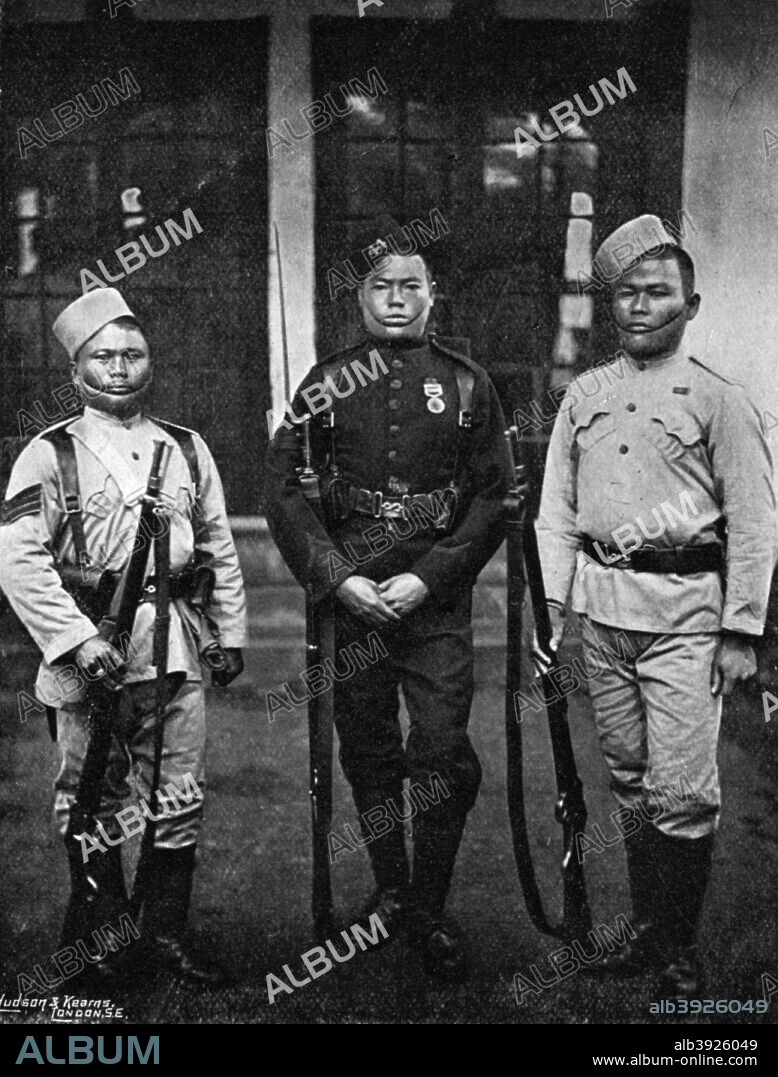 Types of uniform of the 44th Gurkhas, 1896. Three men of the 44th Gurkhas, a havildar (sergeant) in dark green 'drill order' uniform, a havildar in 'heavy marching' order khaki uniform, and a sepoy in 'drill order' khaki uniform. A print from The Navy and Army Illustrated, 24th July 1896.