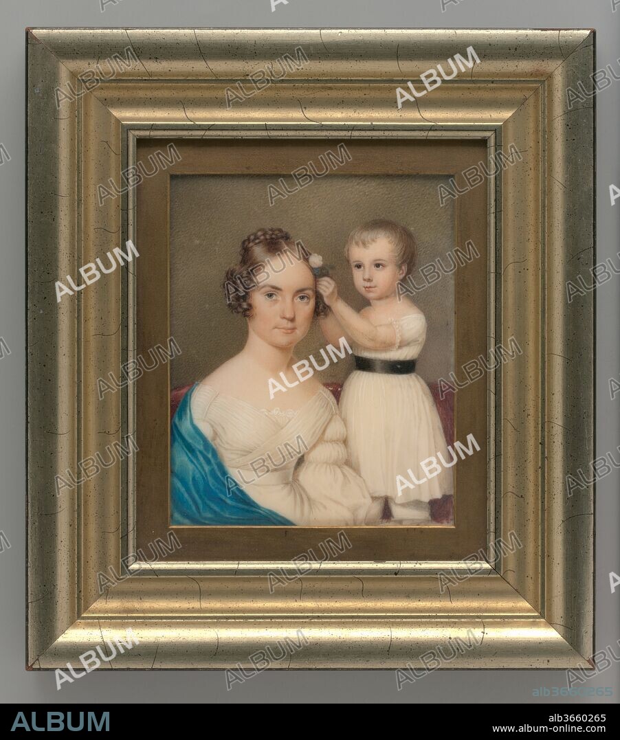 Mrs. William Gordon Ver Planck and Her Son Samuel Hopkins Ver Planck. Dimensions: Sight: 5 x 4 in. (12.7 x 10.2 cm). Date: ca. 1828.
The first woman to become a member of the National Academy of Design, Anne Hall grew up in Connecticut and received her first painting lessons from the miniaturist Alexander Robertson. By 1817, she was publicly exhibiting her charming works, most of which depicted members of her family. Her studies of old master paintings led her to adapt religious compositions to group portraits; these richly colored little paintings attracted a great following and one contemporary observer likened her portraits of children to an "elegant and well-arranged bouquet.".