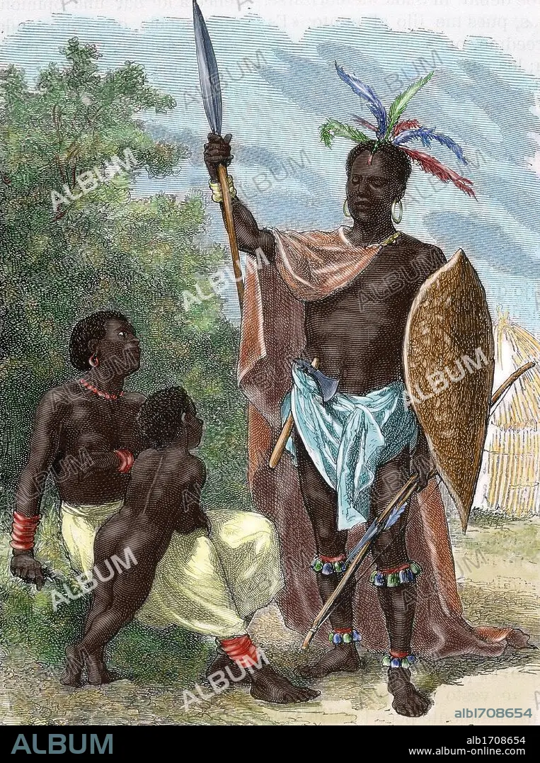 EMILE BAYARD (basado en). HISTORIA DE AFRICA. INDIGENAS DEL OUGOGO. Hombre  con traje de guerra. Grabado coloreado de 