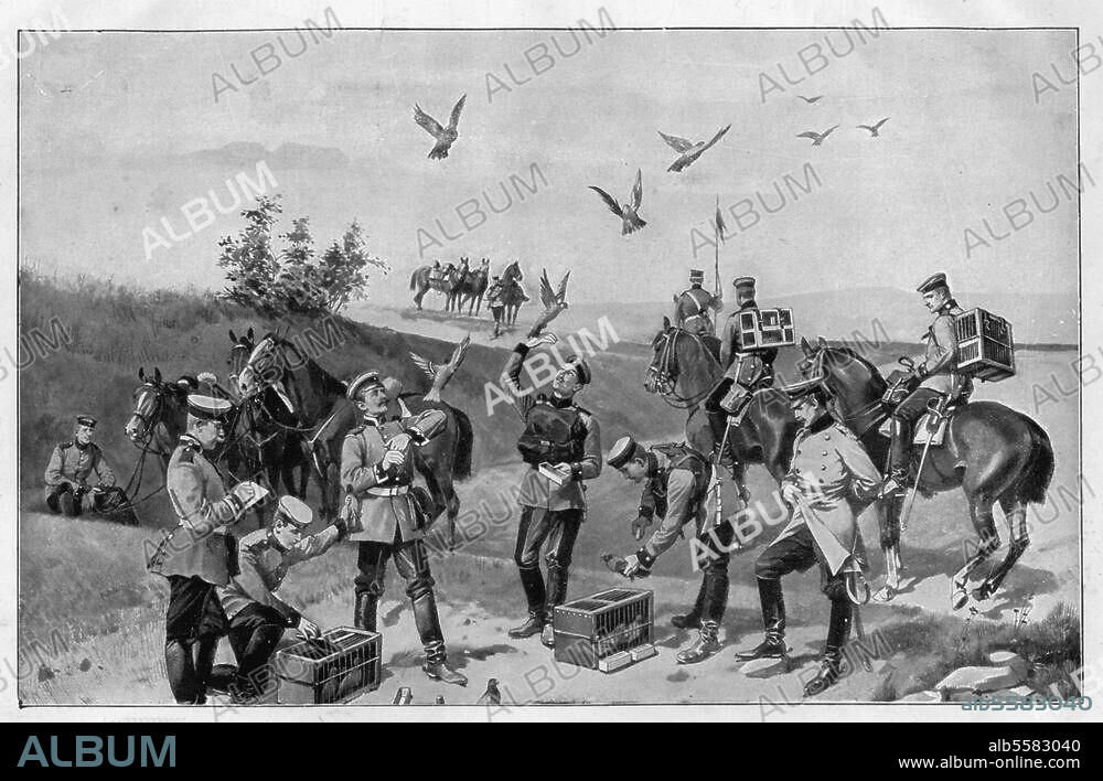 ANONYMOUS. Military:. Means of communication. "Carrier pigeon division of the German cavalry.". Drawing, unsigned, c. 1905.