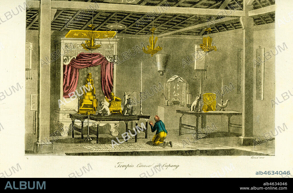 Interior of a Chinese temple at Kupang, Timor, 19th century. Handcoloured copperplate engraving by Corsi after Jacques Etienne Victor Arago from Giulio Ferrario's Costumes Ancient and Modern of the Peoples of the World, Florence, 1834.