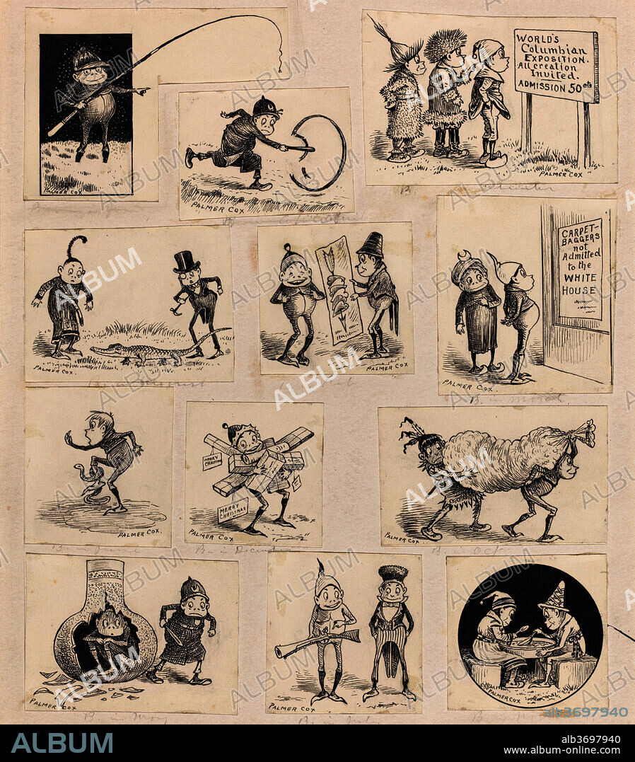 PALMER COX. Brownies at Home - Twelve Vignettes. Dated: c. 1893. Dimensions: support: 33.2 x 28 cm (13 1/16 x 11 in.). Medium: pen and black ink on twelve pieces of wove paper.