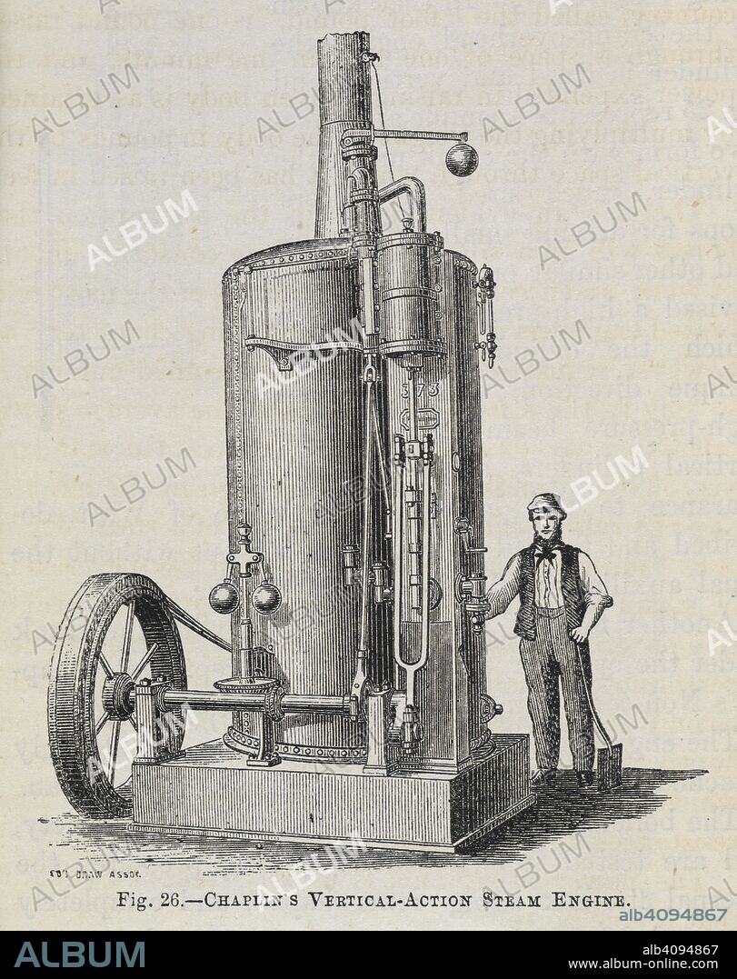 ANON. Illustration of a man standing with Chaplin's Vertical-Action Steam Engine. The Model Steam Engine; how to buy, how to use, and how to construct it. By â€œA Steady Stoker,â€ etc. [With illustrations.]. London, 1868. 'Fig. 26. - Chaplin's Vertical-Action Steam Engine.'. Source: 8765.aaa.9. p.44.