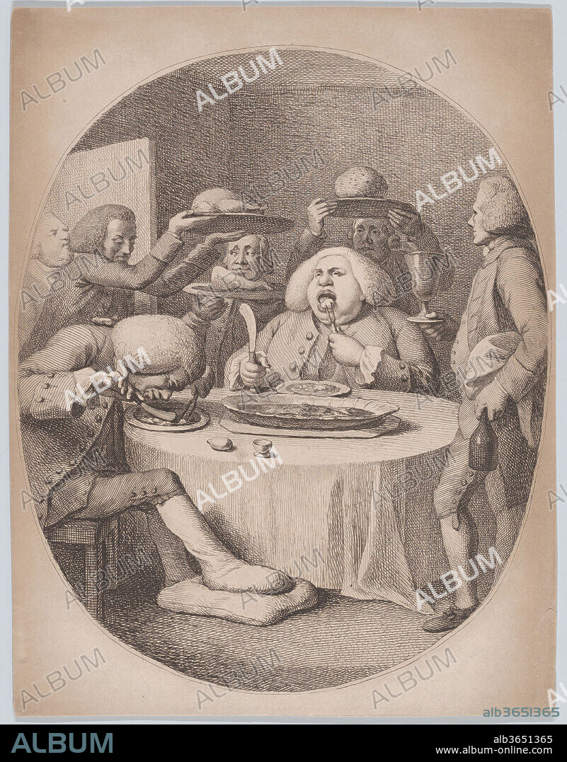 Les Gourmands. Artist: Anonymous, British, late 18th century. Dimensions: Sheet (trimmed within plate): 10 7/8 × 8 3/8 in. (27.6 × 21.2 cm). Sitter: James Boswell (British, Edinburgh, Scotland 1740-1795); Samuel Johnson (British, Lichfield, Staffordshire 1709-1784 London). Date: 1780-1820.
This anonymous print satirizes who men at table stuffing themselves with food, served by eager waiters who bring a roast chicken, plum pudding, and large drinking cup. The diners resemble James Boswell and Dr. Johnson.