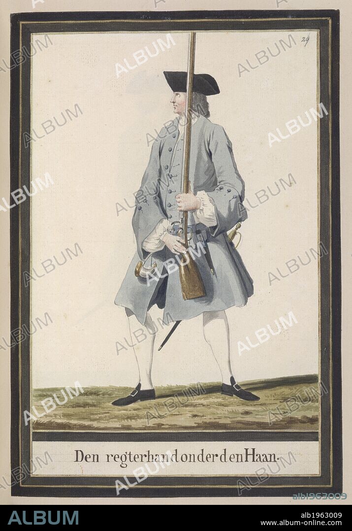 Soldier with musket. Drawings of Dutch Military Costurmes and Musket Exercises. Netherlands; 18th century. Image taken from Drawings of Dutch Military Costumes and Musket Exercises.  Originally published/produced in Netherlands; 18th century. Source: Add. 20728 29. Language: Dutch.