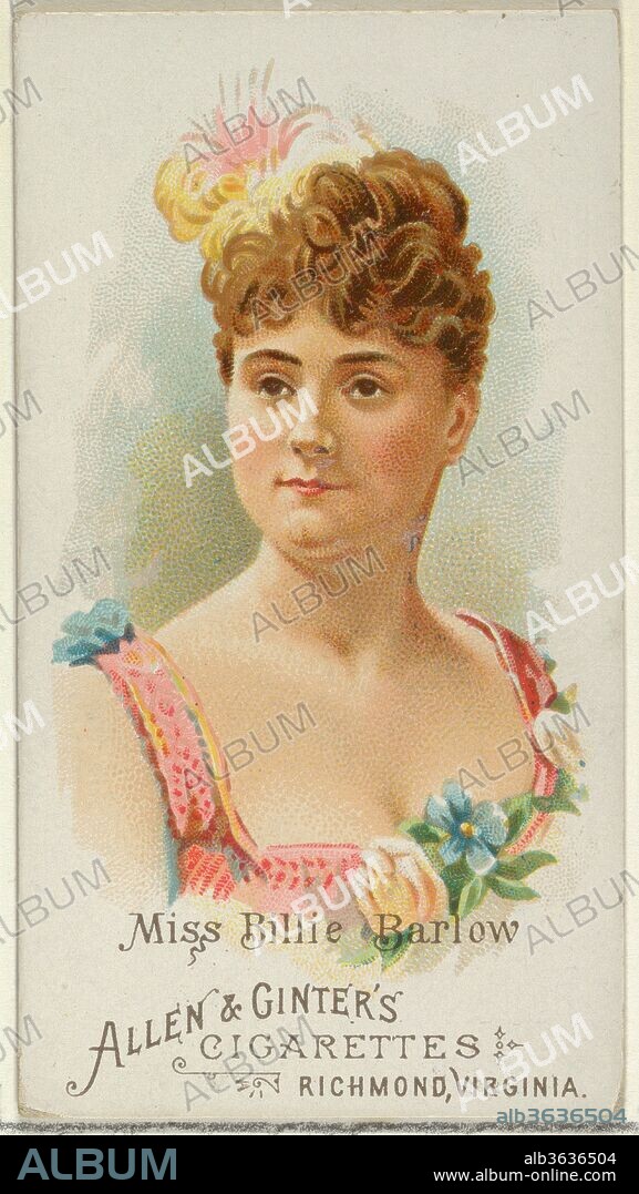 Miss Billie Barlow, from World's Beauties, Series 1 (N26) for Allen & Ginter Cigarettes. Dimensions: Sheet: 2 3/4 x 1 1/2 in. (7 x 3.8 cm). Publisher: Allen & Ginter (American, Richmond, Virginia). Date: 1888.
Trade cards from "World's Beauties," Series 1 (N26), issued in 1888 in a set of 50 cards to promote Allen & Ginter brand cigarettes.