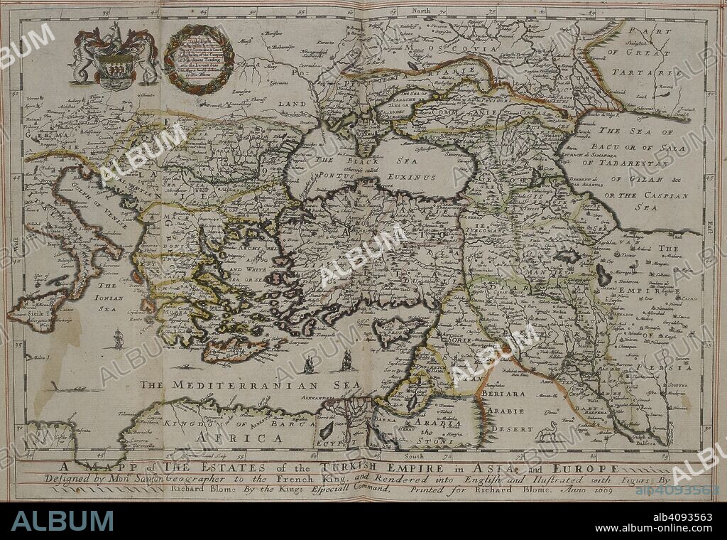 Map of the Turkish empire. A mapp of the estates of the Turkish Empire in Asia, and Europe / Designed by Mons[ieu]r Sanson . . . ; rendered into English, and ilustrated [!] with figurs [!] . . . by Richard Blome . . . Anno 1669. ; Francis Lamb Sculp. London: R. Blome, 1670. Source: C.39.d.2 pages 32-33.