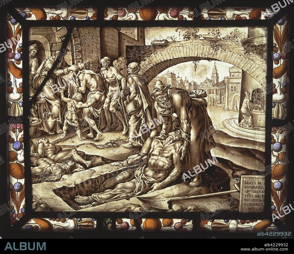 'Stained-Glass Panel Depicting the Actions of Mercy'. The Netherlands. The Netherlands, Late 16th - Early 17th century. Dimensions: 21,5x27 cm.