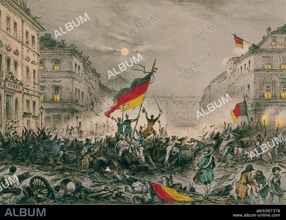 1848/49 Revolution. Street battles in Berlin on 18-19 March 1848. "Remembering the battle for freedom in the fateful night of 18-19 March 1848.". (Barricade in Breite Strasse). Lithograph, coloured, contemporary. Berlin: Historical documentation of the city. Berlin, Landesarchiv.