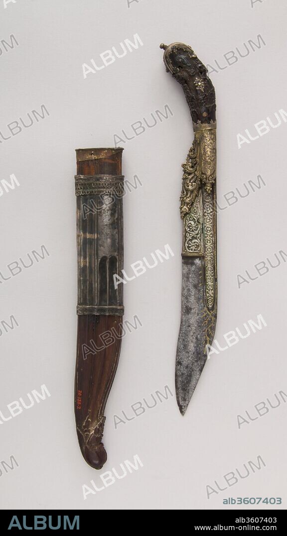 Knife (Piha Kaetta) with Sheath. Culture: Sri Lankan. Dimensions: H. with sheath 11 5/8 in. (29.5 cm); H. without sheath 10 3/4 in. (27.3 cm); H. of blade 6 1/2 in. (16.5 cm); W. 1 9/16 in. (4 cm); D. 1 in. (2.5 cm); Wt. 8.6 oz. (235.3 g); Wt. of sheath 1.7 oz (48.2 g). Date: 18th century.