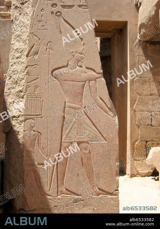 Releif of Horemheb from the 9th Pylon. Country of Origin: Egypt. Culture: Ancient Egyptian. Date/Period: New Kingdom 18th Dynasty 1321-1293 BC. Place of Origin: Karnak. Credit Line: Werner Forman Ar.