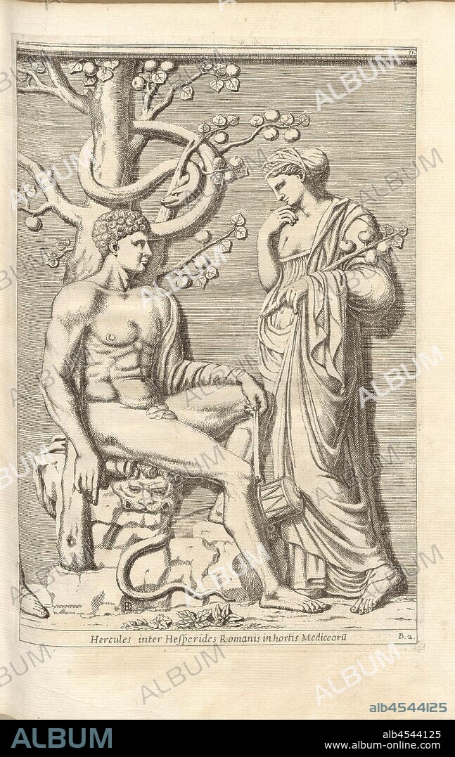 The Romans, in the gardens of the Hesperides, Hercules among the Medicean, Heracles in the garden of the Hesperides, tree with golden apples guarded by a serpent, head of the Nemean lion, Fig. 1, B2, after p. 10, 1646, Giovanni Battista Ferrari: Hesperides sive de malorum aureorum cultura et usu libri quatuor. Romae: sumptibus Hermanni Scheus, 1646.
