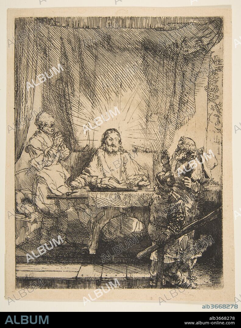 Christ at Emmaus: The Larger Plate. Artist: Rembrandt (Rembrandt van Rijn) (Dutch, Leiden 1606-1669 Amsterdam). Dimensions: Sheet (Trimmed): 8 13/16 × 7 1/16 in. (22.4 × 18 cm). Date: 1654.