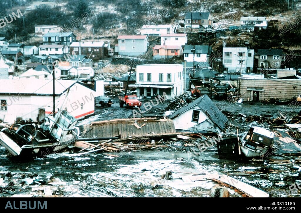 The 1964 Alaskan earthquake, also known as the Great Alaskan Earthquake, the Portage Earthquake and the Good Friday Earthquake, was a megathrust earthquake that began at 5:36 P.M. AST on Good Friday, March 27, 1964. Lasting nearly four minutes, it was the most powerful recorded earthquake in US and North American history, and the second most powerful ever measured by seismograph. This shock generated a tsunami that devastated many towns along the Gulf of Alaska, and left serious damage at Alberni and Port Alberni, Canada, along the West Coast of the United States (15 killed), and in Hawaii. The maximum wave height recorded was 220 feet at Valdez Inlet. It had a magnitude of 9.2, at the time making it the second largest earthquake in recorded history. Photo originally captioned: "Alaska 1964. Good Friday earthquake and tsunami damage.".