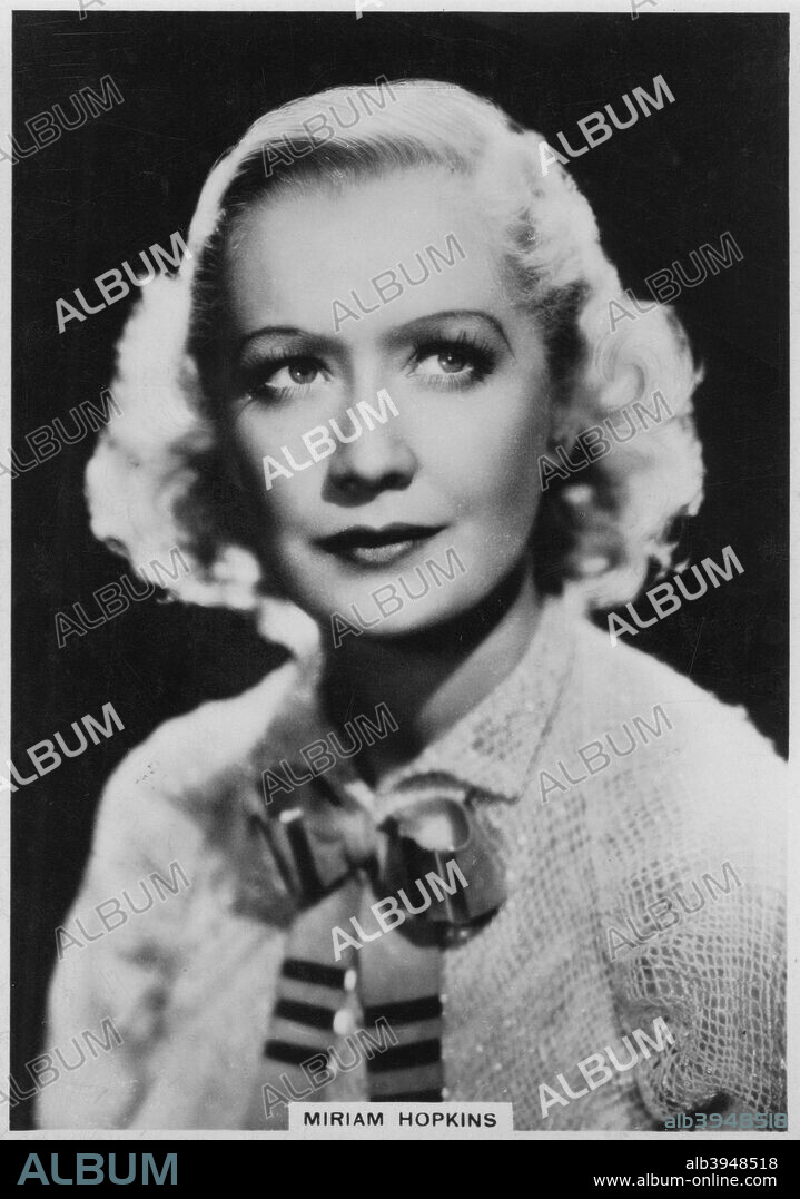 Miriam Hopkins, American actress, 1938. In 1930, after ten years on the stage as a successful actress, Miriam Hopkins (1902-1972) joined Paramount and became one of Hollywood's top-ranking stars. She returned to the stage as her movie career slowed in the 1940s and in the 1950s she added television to her repertoire, guesting on dramatic series such as 'The Outer Limits'. She received a Best Actress Academy Award nomination for her role in 'Becky Sharp' (1935). Cigarette card from 'Modern Beauties', 4th series, issued by the British-American Tobacco Company.