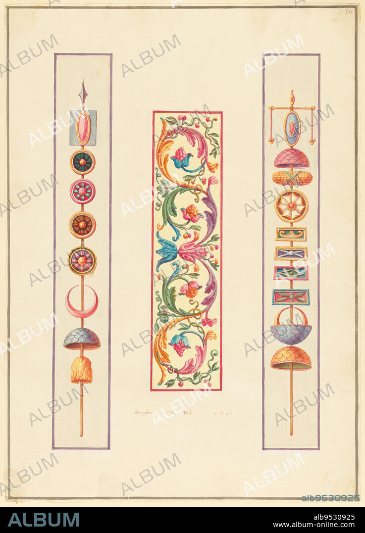 MICHELANGELO PERGOLESI. Ornament Design, Arabesque Panel between Roman Standards. Date: 1776. Pen and ink, brush and watercolor, gouache, over graphite on laid paper.