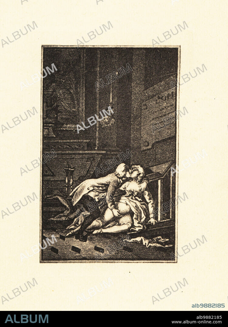 A clothed gentleman and lady mutually masturbating each other in a chapel,  18th century. Copperplate engraving heliogravure by Francois Rolland Elluin  after Antoine Borel - Album alb9882185