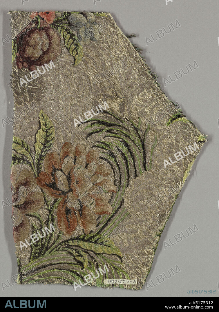 Fragments, Medium: silk, silver thread Technique: plain compound twill with supplementary weft, White silk foundation fabric entirely covered in ground with secondary silver weft thread and silver frisé brocading forming elaborate decorative foliate motifs. Over this large-scale floral sprays in secondary areas, black and dark brown silk wefts and brocading in green silk and multicolored chenille., France, mid-18th century, woven textiles, Fragments.