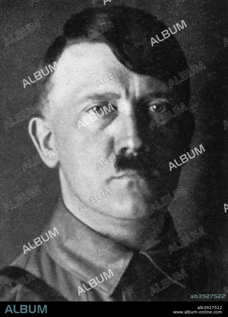 Adolf Hitler, Austrian born dictator of Nazi Germany, 1929. Hitler (1889-1945) became leader of the National Socialist German Workers (Nazi) party in 1921. After an unsuccessful coup attempt in Munich in 1923, for which he was briefly imprisoned, Hitler set about pursuing power by democratic means. His nationalistic and anti-semitic message quickly gained support in a Germany humiliated by defeat in World War I and the harsh terms of the Treaty of Versailles and, from the late 1920s, suffering from economic collapse. Hitler came to power in 1933, and persuaded the Reichstag (parliament) to grant him dictatorial powers. He proceeded to crush opposition both within his own party and throughout German society, and set about re-arming Germany. Hitler's aggressive policy of territorial expansion to secure 'lebensraum' (living space) for the German people eventually plunged the world into the Second World War. A print from Wie die Oftmark ihre Befreiung erlebte (The Way towards the Liberation), Berlin, 1940.