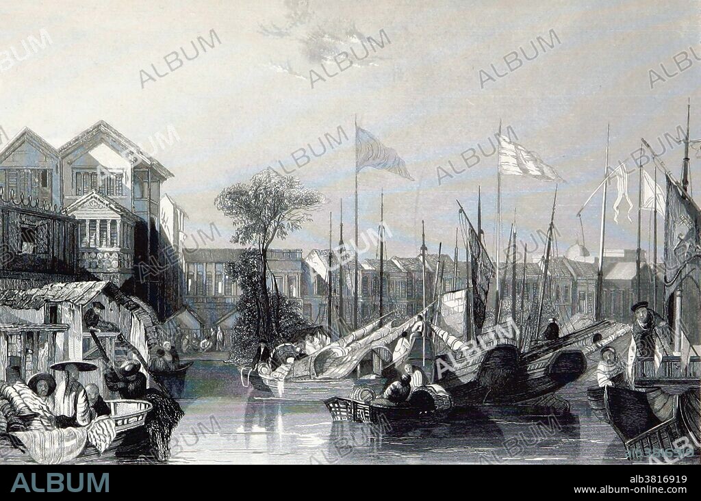 The Thirteen Factories was an area of Guangzhou (Canton), China, where the first foreign trade was allowed in the 18th century since the hai jin ban on maritime activities. It is also referred to as the "Thirteen Hongs" or the "Canton Factories". The Western merchants were allowed to occupy two- or three-story buildings, set back one hundred yards from the river. Each factory contained three or four houses. The warehouses occupied the first floors and elegant apartments were on the second and third floors of the houses. The square in front of the factories was fenced and reserved for foreigners. The streets immediately adjoining the factories were named Thirteen Factory Street, Old China Street, and Hog Lane. These streets were filled with retail stores selling a wide variety of Chinese goods. The factory system came to an end in 1842 with the Treaty of Nanking. The factories burned down in 1856 during the Second Opium War. Entitled: "Der Europaischen factoreyen in Canton." Image taken from page of China, historisch romantisch, malerisch (historically romantic, picturesque). A translation by Thomas Allom with historical and descriptive notes by the Rev. G. N. Wright, published 1843.