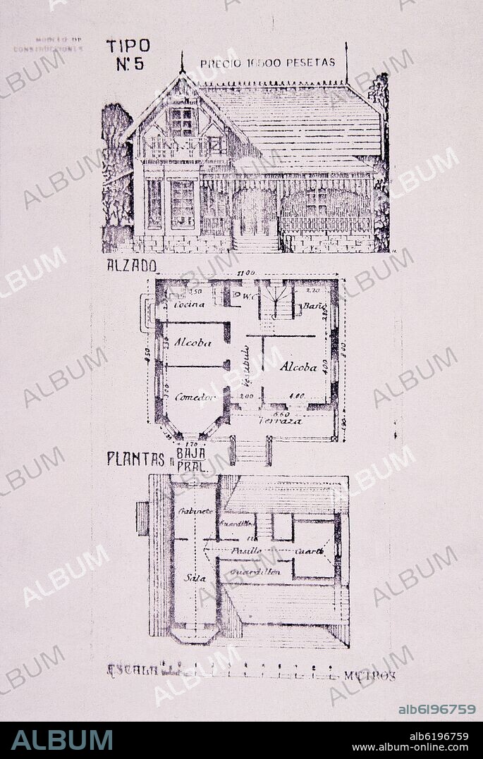 ARTURO SORIA (1844-1920). MODELO DE CONSTRUCCIONES DE LA CIUDAD LINEAL - PLANTA Y ALZADO DE LOS EDIFICIOS - 1894.