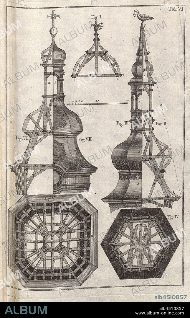 Construction drawing of a roof truss 4, Illustrations of construction drawing for a roof truss from the 18th century, Tabula VI, p. 82, 1769, Caspar Walter: Zimmerkunst oder Anweisung wie allerley Arten von deutschen und welschen Thurnhauben, auch Kugelhelme, nach der neuesten Manier, zu Bedeckung der Kirchenthürme nicht nur zu entwerfen, sondern auch mit Holz zu verbinden: [...]. Augsburg: verlegt von den Gebrüdern Veith, 1769.