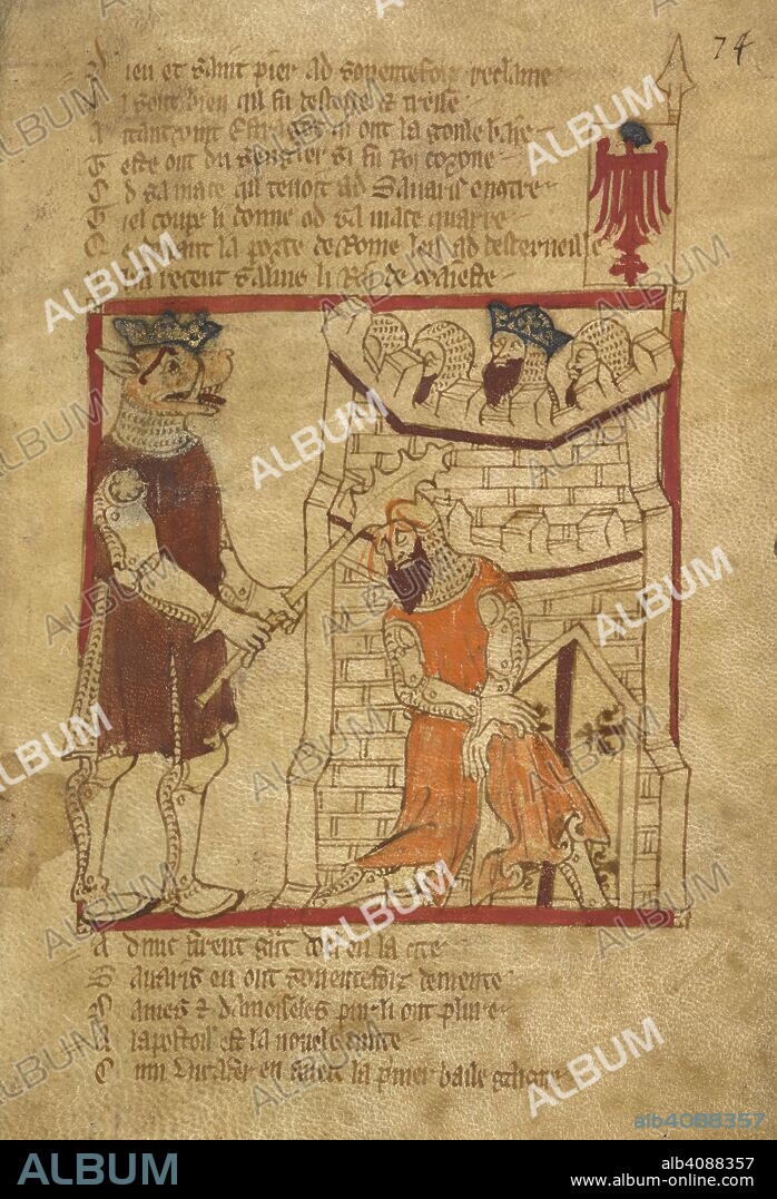 CANON OF BAYEUX WACE. The giant Estragot slays Savaris. ROMANCES in French verse ... 14th century. Source: Egerton 3028 f.74.