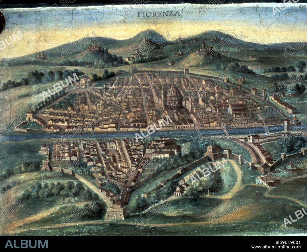 Map of Florence, 15th century. View of the city showing the River Arno and Brunelleschi's Duomo. From the Gallery of Maps, Vatican Museum, Vatican City, Italy.