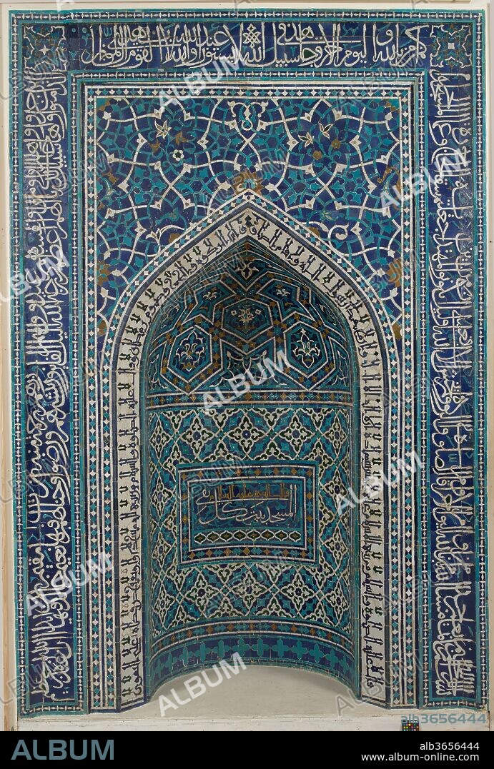 Mihrab (Prayer Niche). Dimensions: 135 1/16 x 113 11/16in. (343.1 x 288.7cm)
Storage box: 99 x 41 1/2 in. (251.5 x 105.4 cm)
Wt. 4,500 lbs. (2041.2 kg). Date: A.H. 755/A.D. 1354-55.
Arabic Inscription (on the outer border in thuluth script):
Qur'an 9:18-22
Arabic Inscription (framing the niche of the mihrab containing hadith of Prophet Muhammad in kufic script):
"Said [the Prophet] (on him be blessing and peace): . . . witness that there is no God save Allah and that Muhammad is his Apostle and the Blessed Imam, and in legal almsgiving, and in the pilgrimage, and in the fast of Ramadan, and he said, on him be blessing and peace."
Arabic Inscription (at the center of the niche in thuluth script):
"The Prophet (may blessings and peace be upon him) said: The mosque is the abode of every believer."
This prayer niche, or mihrab, was originally set into the qibla wall of a theological school in Isfahan, now known as the Madrasa Imami, built just after the collapse of the Ilkhanid dynasty. The mihrab was created by joining a myriad of cut glazed tiles to produce its intricate arabesque and calligraphic designs. The result is one of the earliest and finest examples of mosaic tilework. A splendid work of religious architectural decoration, this mihrab is one of the most significant works in the Museum's collection.