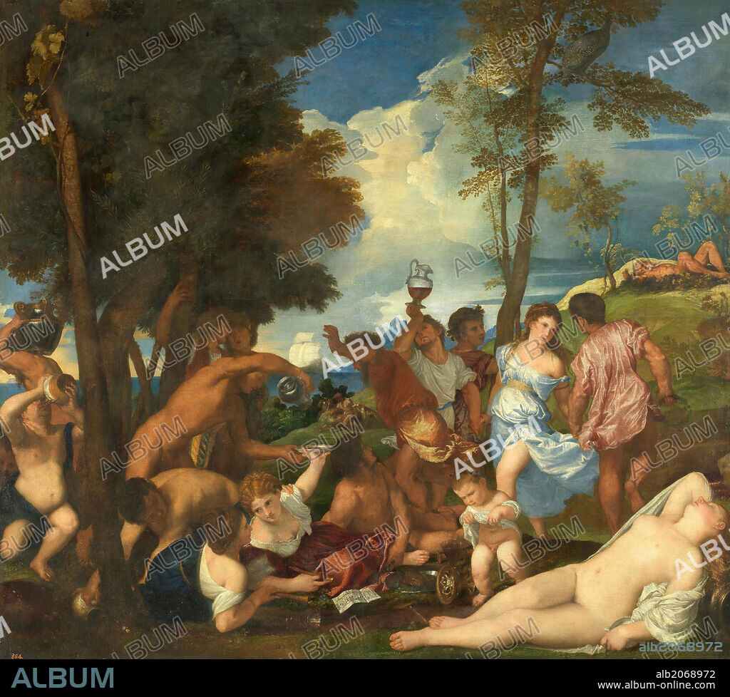 Vecellio di Gregorio Tiziano / 'La bacanal de los andrios', 1523-1526, Escuela Italiana, Óleo sobre Lienzo, 175 cm x 193 cm, P00418.