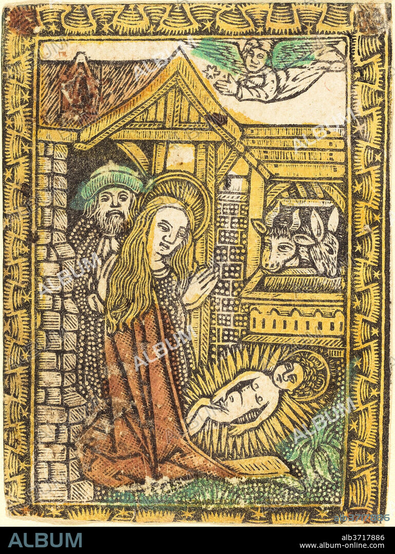 GERMAN 15TH CENTURY. The Nativity. Dated: c. 1470/1480. Medium: metalcut, hand-colored in yellow, red-brown lake, and green.