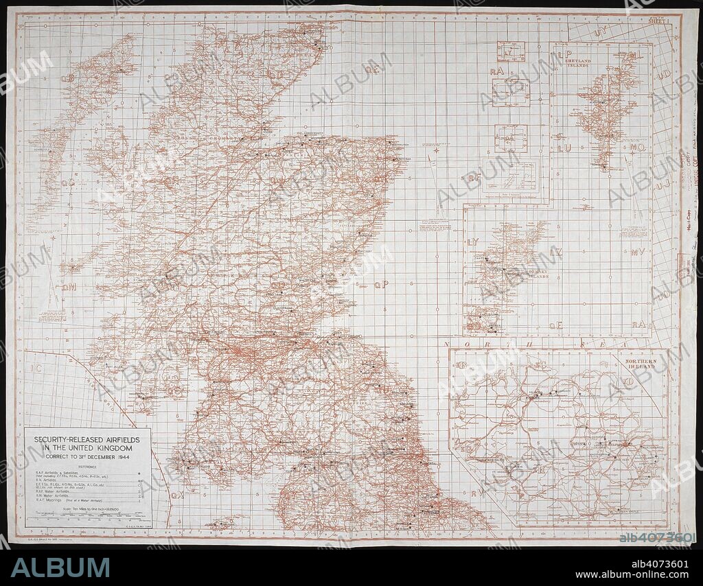 Map/chart of security Released Airfields in the United Kingdom, to 31st December 1944. Security Released Airfields in the United Kingdom, GSGS Misc 505. [S.l.] : [s.n.], 1944-1945. Great Britain. Ministry of Defence. Survey Production Centre. col.; Scale 1:633 600. Source: Maps MOD GSGS Misc 505. Top half of map.