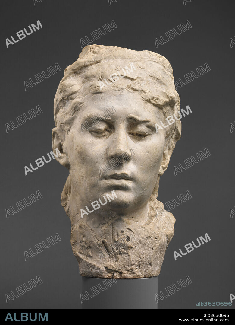 Mask of Rose Beuret. Artist: Auguste Rodin (French, Paris 1840-1917 Meudon). Culture: French. Dimensions: Overall (wt. confirmed): 10 11/16 × 6 3/8 × 6 5/8 in., 3.7 lb. (27.1 × 16.2 × 16.8 cm, 1.7 kg). Date: ca. 1880-82 or 1898.
This is a cast of the final portrait Rodin made of Rose Beuret, one of his first models and his companion of fifty-three years. An uneducated woman from the countryside, she maintained Rodin's studio in their youthful poverty, bore his son, and served him throughout her life. Here, Rodin captures their enigmatic relationship by modeling her face as a mask with downcast eyes.
