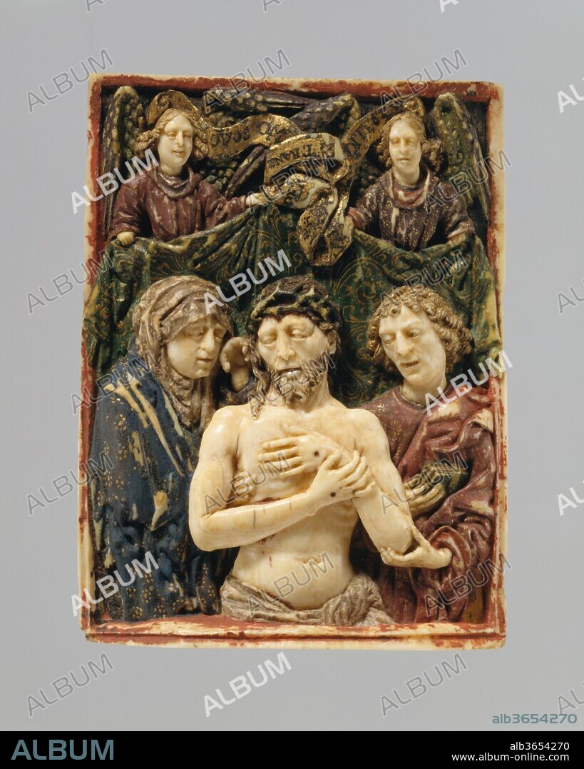 Man of Sorrows. Culture: South German. Dimensions: 3 3/8 x 2 9/16 x 13/32 in.  (8.6 x 6.5 x 1.0 cm). Date: ca. 1500.
Christ, portrayed as at once dead and alive, is supported by Mary, his mother, and the apostle John. The flanking figures, witnesses to the Crucifixion, offer a model to emulate, during meditation and reflection on Christ's suffering. The composition of this relief is based on an engraving by Martin Schongauer, one of the most influential artists of the fifteenth century.