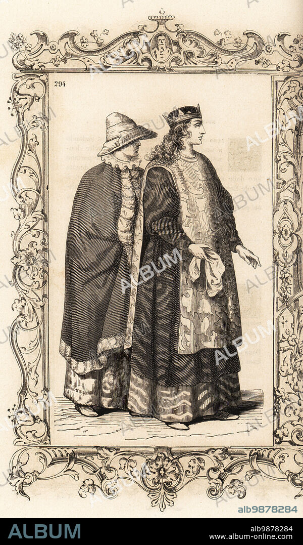 Costume of a noble woman of Gothia, 16th century. She wears a crown, long hair, tunic and robes of very fine wavy fabric. The lower-class woman behind her wears a bonnet and fur-lined cape. Within a decorative frame engraved by H. Catenacci and Fellmann. Woodblock engraving by Gerard Seguin and E.F. Huyot after a woodcut by Christoph Krieger from Cesare Vecellios 16th century Costumes anciens et modernes, Habiti antichi et moderni di tutto il mondo, Firman Didot Ferris Fils, Paris, 1859-1860.