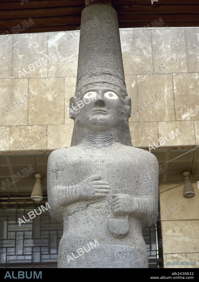 Eastern Mediterranean Civilization. Syria. Halaf Culture (6100-5100 BC). Iron Age Neo-Hittite Settlement of Tell Halaf. Detail of a caryatid which guarded the Tell Halaf Temple, placed at the entrance of the building of the National Museum of Aleppo. (Picture taken before the civil war).