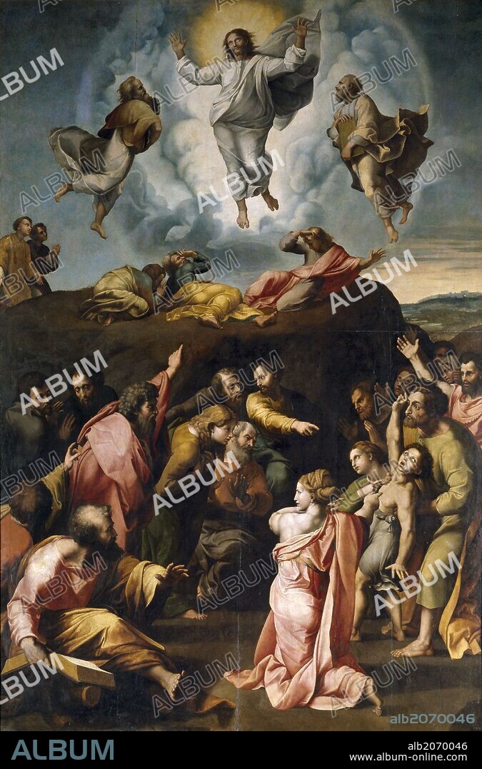 GIANFRANCESCO PENNI and GIULIO ROMANO (workshop). Giovanni Francesco Penni; Giulio Romano (Workshop of) / 'The Transfiguration of Our Lord', 1520-1528, Italian School, Oil on panel, 396 cm x 263 cm, P00315.