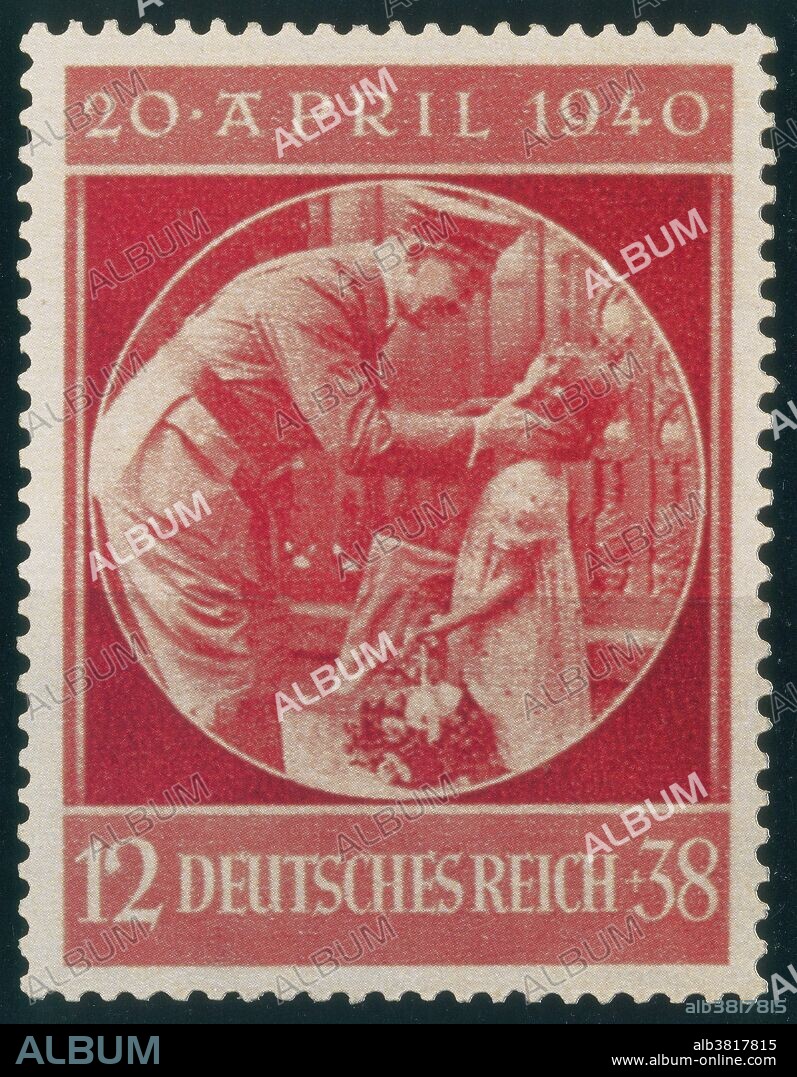 Adolf Hitler 51st birthday stamp, 1940. As leader of Germany and the Nazi party, Adolf Hitler demanded that his image be placed on postage stamps. By printing these stamps and thus forcing German people to use them in their everyday lives, Hitler successfully promoted himself, the war, and the Nazi party during the hardships of WWII. But he accomplished something else too - his image generated a commission for each stamp that was sold, not unlike today's licensing agreements of famous figures. Propaganda efforts, inflation, and perhaps Hitler's pride spurred the printing of these stamps in increasing quantities as the war became more desperate for Germany. Finally, literally millions of these stamps were liberated from Germany by Allied soldiers as they overran towns, banks, and postoffices.